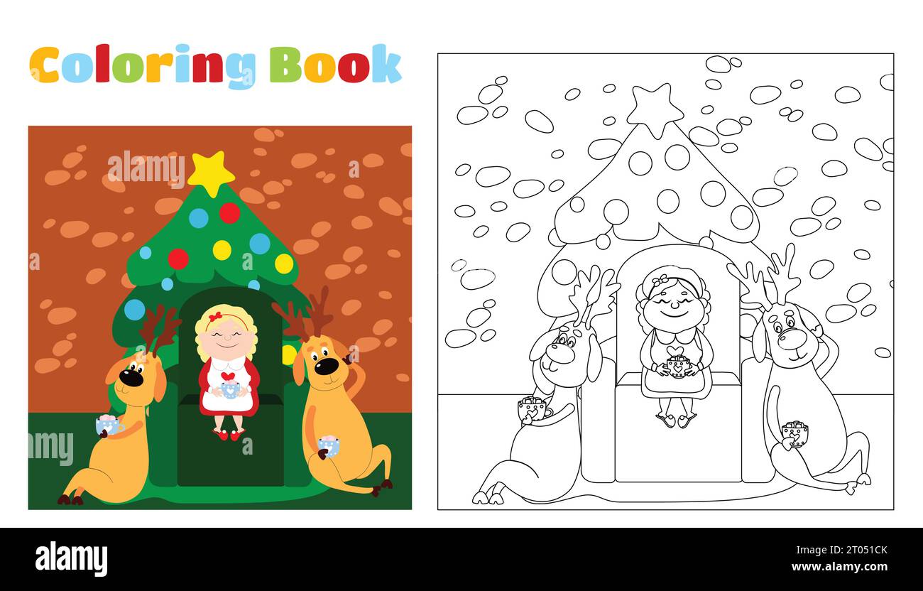 Livre de coloriage de Noël pour enfants et adultes. Un sentiment de fête et de plaisir. Mme le Père Noël et trois cerfs assis sur une chaise. Illustration de Vecteur