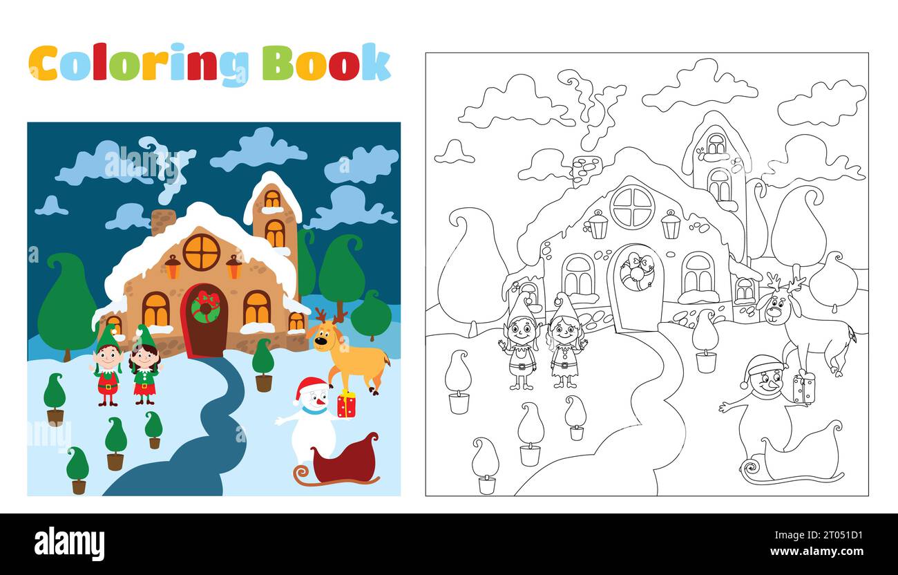 Livre de coloriage de Noël pour les enfants et les adultes.Un bonhomme de neige avec un traîneau et des elfes sont debout près de la maison du Père Noël. Un fabuleux paysage de soirée. Illustration de Vecteur