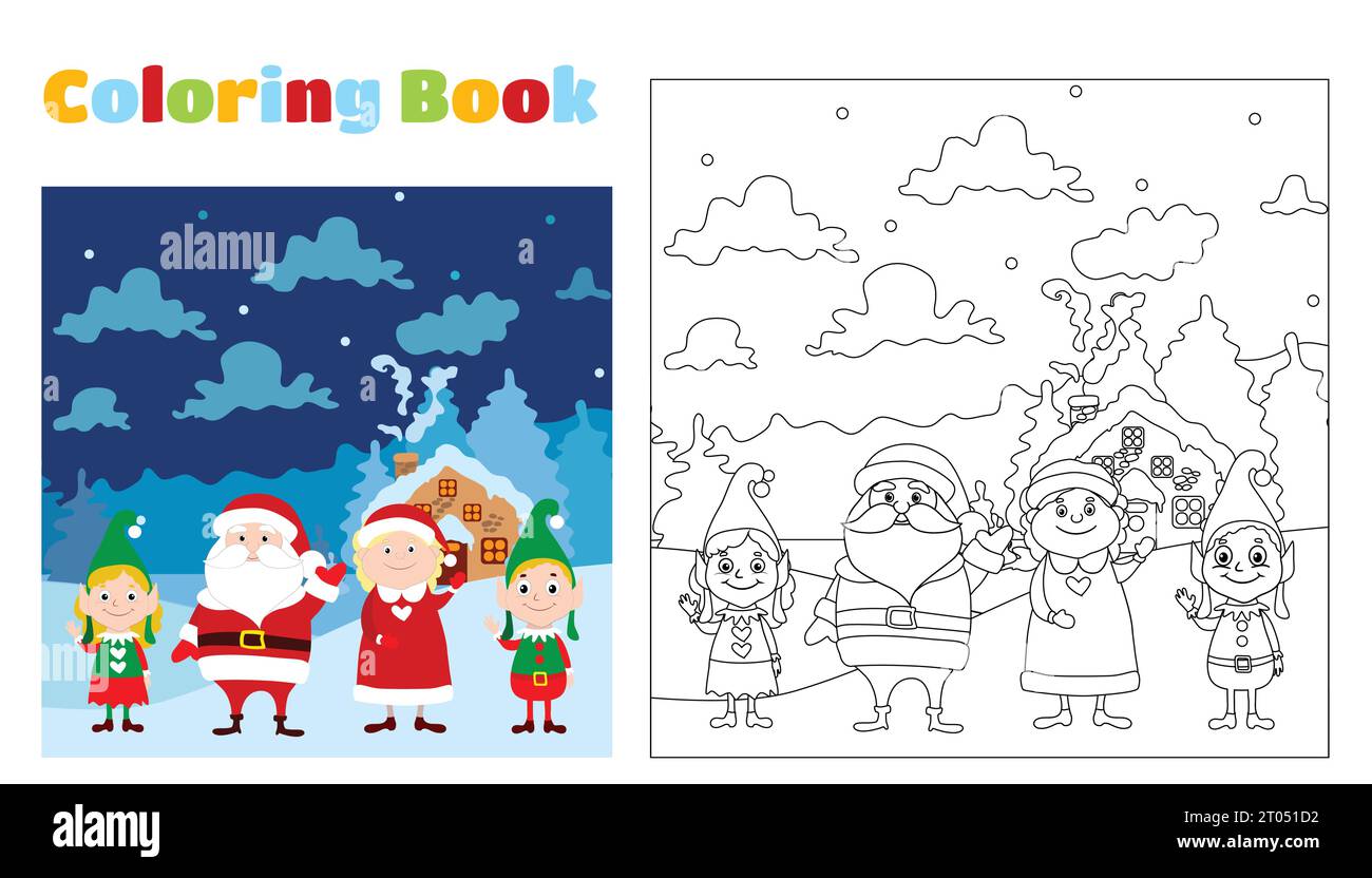 Livre de coloriage de Noël pour enfants et adultes. Un sentiment de célébration et de fun.Santa Claus, Mme Santa et petits jolis elfes. Illustration de Vecteur