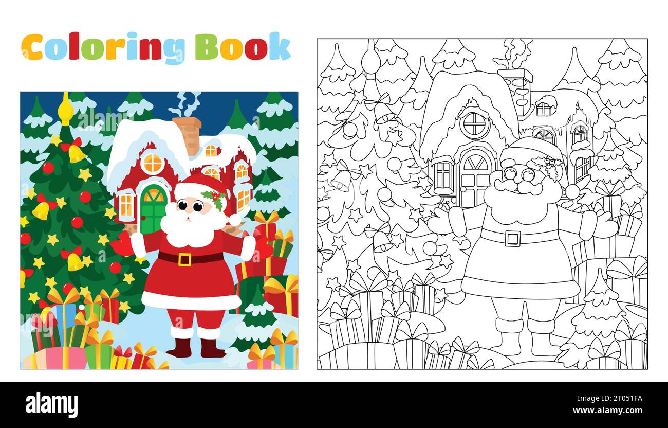 Coloriage de Noël pour les enfants. Le Père Noël se tient dehors près