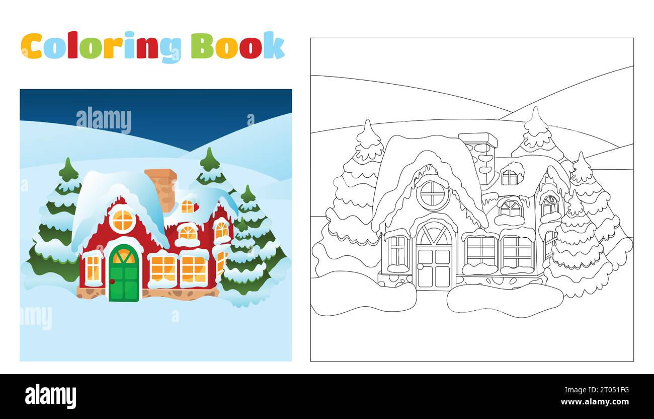Livre de coloriage de Noël pour enfants et adultes. Maison du Père Noël sur un fond enneigé. Près de la maison, ils ont mangé dans la neige et il neige. Humeur de c Illustration de Vecteur