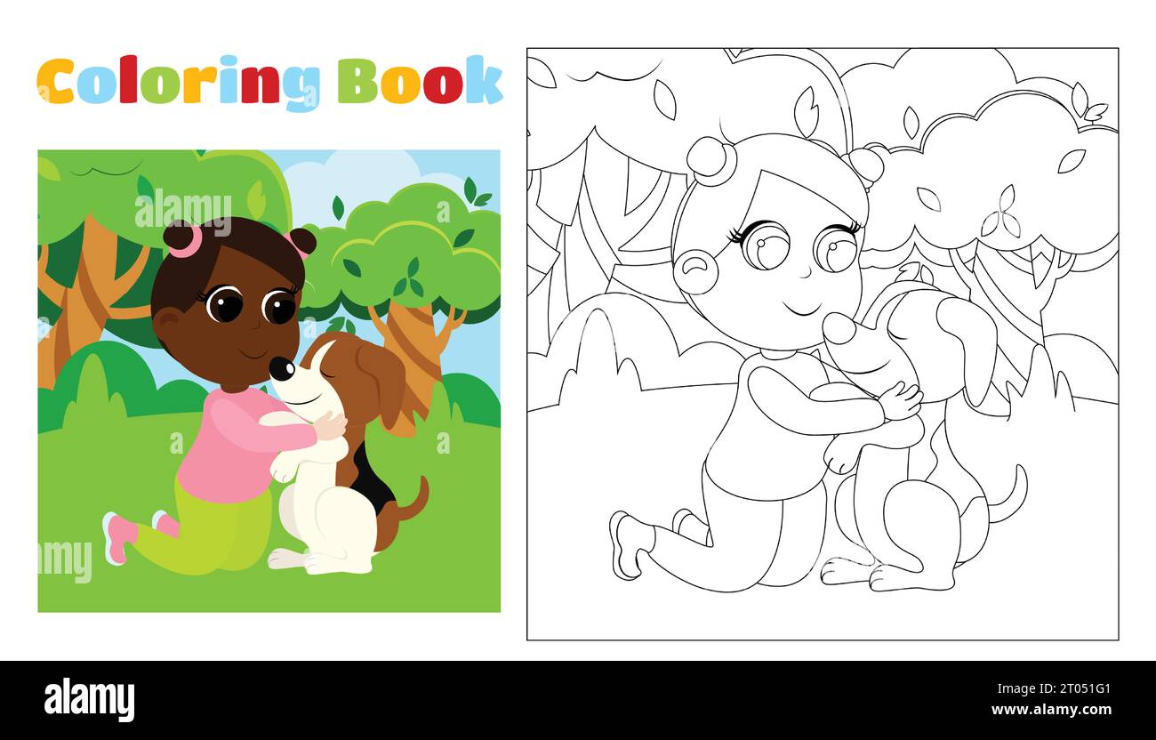 Livre de coloriage pour enfants petite fille avec un chien dans le parc dans le style de dessin animé. Coloriage pour les enfants âgés de 4-8 à 24 ans à la maternelle. Illustration de Vecteur