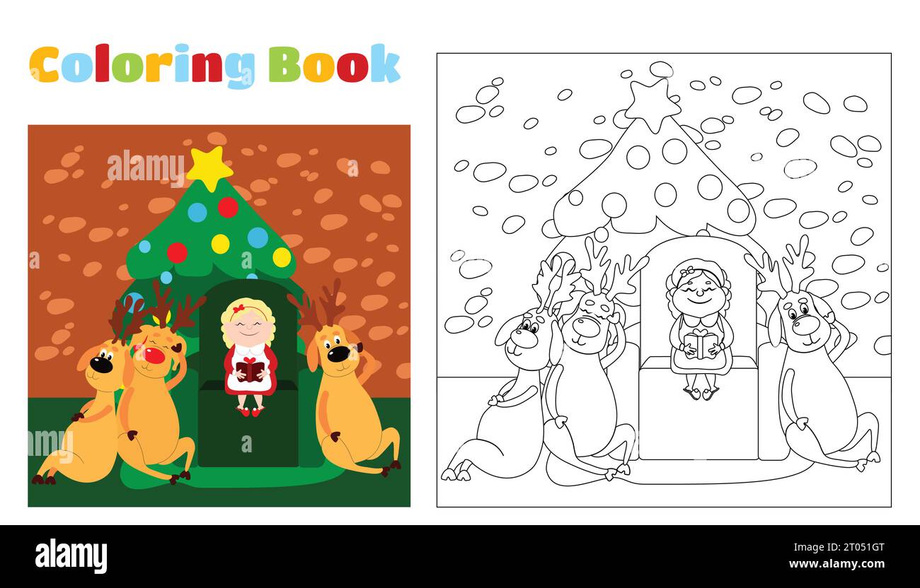 Livre de coloriage de Noël pour enfants et adultes. Mme le Père Noël lit un livre Reindeer dans une maison. Mère Noël est assise sur une chaise. Illustration de Vecteur