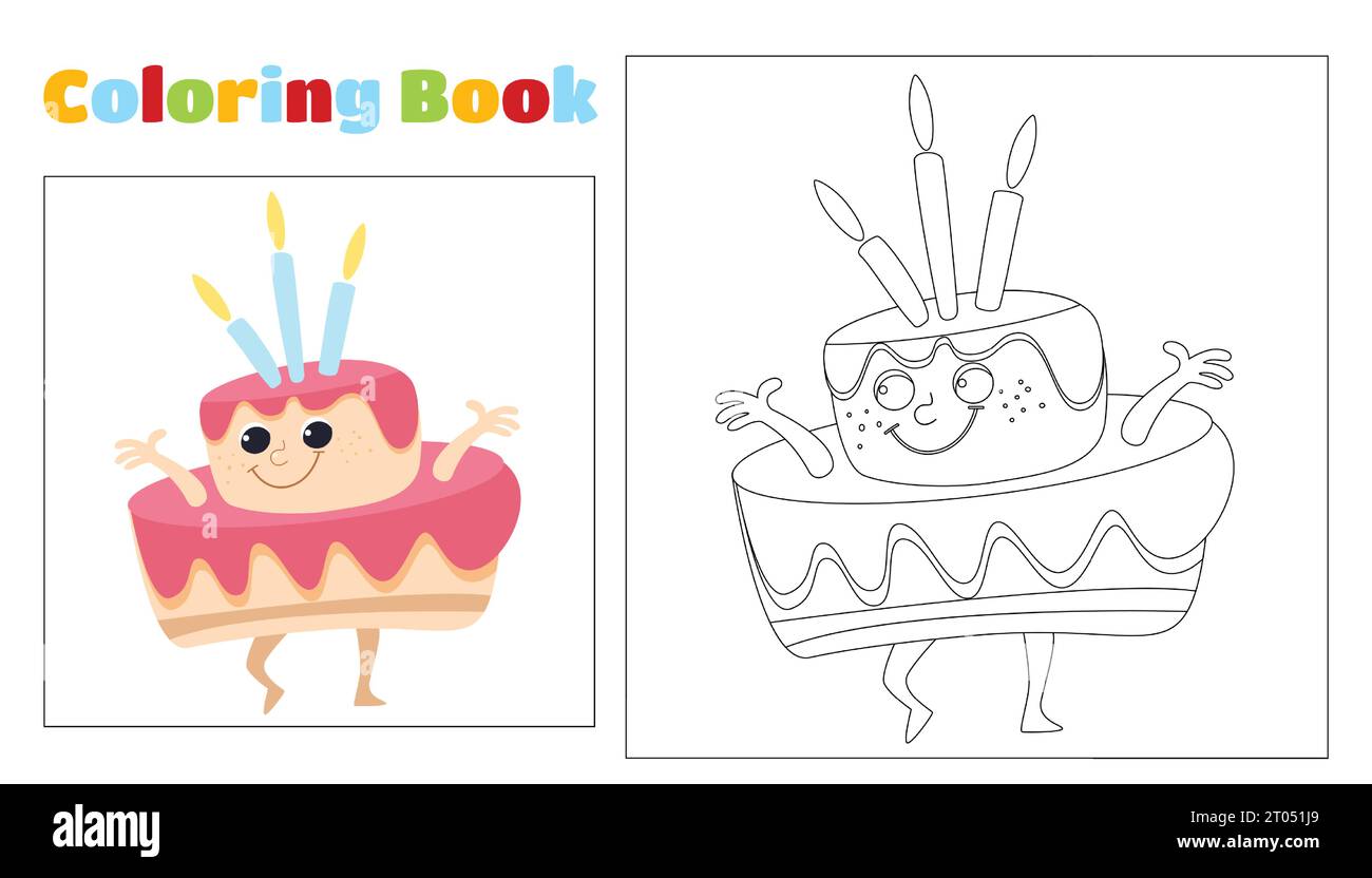Gâteau d'anniversaire mignon coloriant les enfants avec des bougies dansant amusement. Coloriage pour les enfants âgés de 4-8 ans à la maternelle et à l'école primaire. Illustration de Vecteur