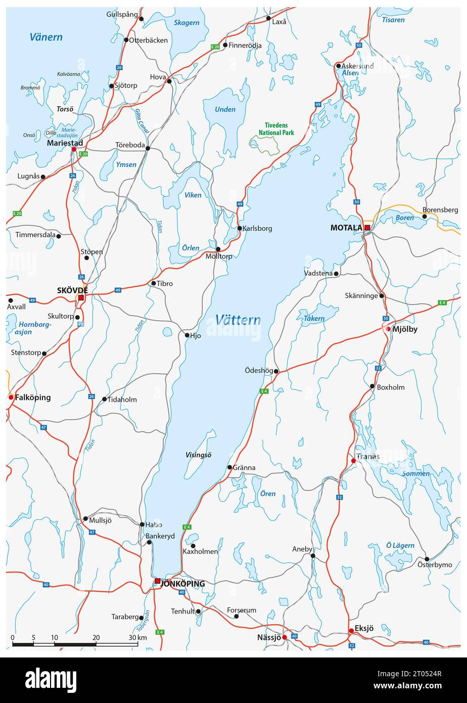 Carte routière du lac Vattern dans le sud-ouest de la Suède Banque D'Images