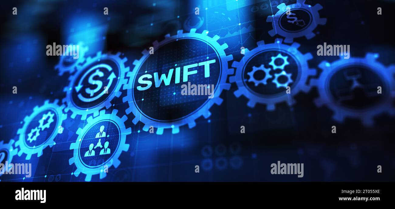 SWIFT international système de paiement technologie financière Banque et transfert d'argent concept sur écran virtuel. Banque D'Images