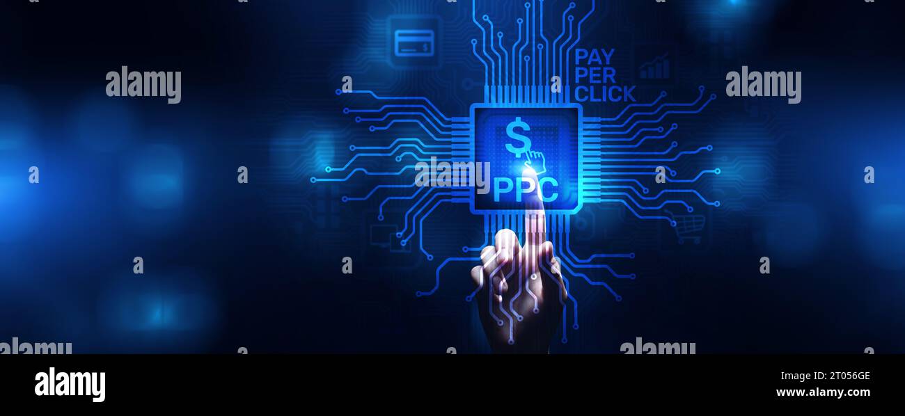 PPC Pay par clic paiement numérique technologie de marketing Internet concept de commerce électronique. Banque D'Images
