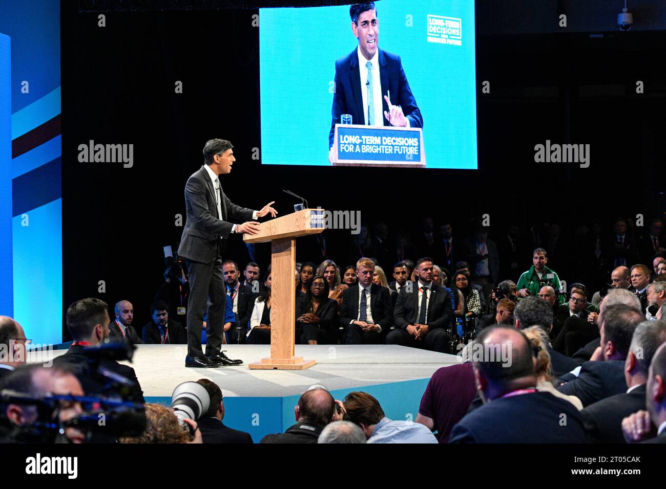 Manchester, Royaume-Uni. 4 octobre 2023. Le premier ministre Rishi Sunak prend la parole à la conférence du Parti conservateur. Crédit : Benjamin Wareing / Alamy Live News Banque D'Images