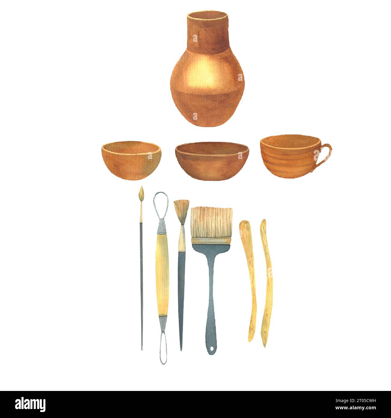 outils de sculpture d'argile, accessoires de poterie, ustensiles d'argile rouge moulés sur une roue de potier, cruche, bol, tasse, illustration d'aquarelle dessinée à la main isolé, Banque D'Images