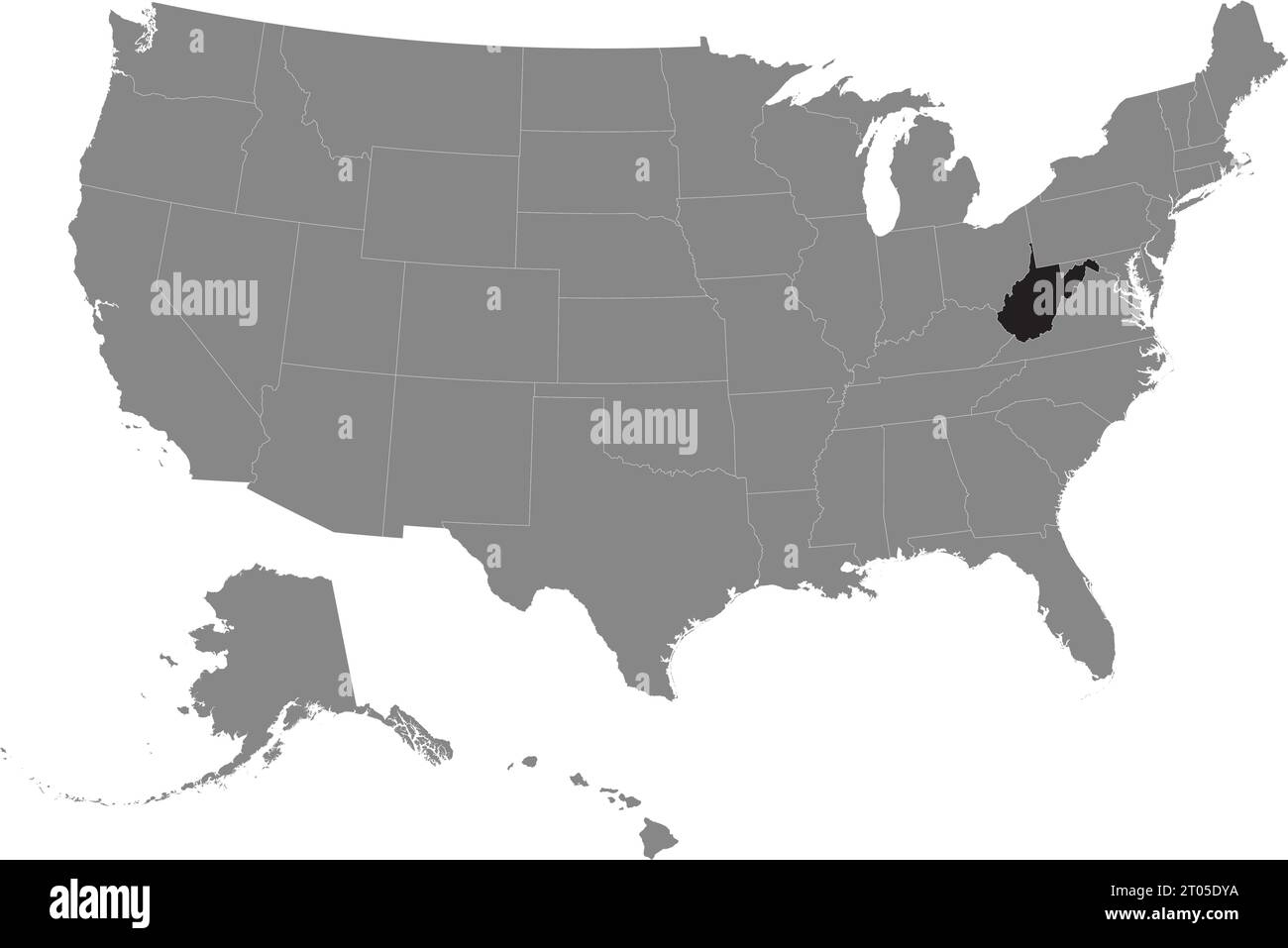 Carte fédérale CMJN noire de LA VIRGINIE-OCCIDENTALE à l'intérieur de la carte politique blanche et grise détaillée des États-Unis d'Amérique sur fond transparent Illustration de Vecteur