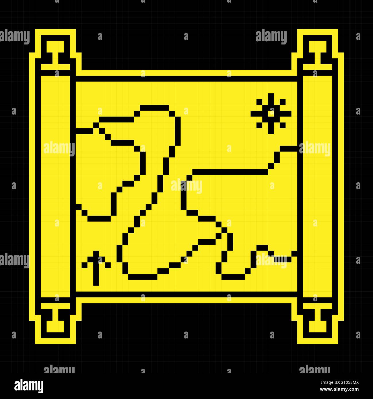 Ancienne icône de silhouette de pixel de carte. Papier papyrus enroulé. Lettres médiévales et cartes au Trésor de pirates. Vecteur noir et jaune simple Illustration de Vecteur
