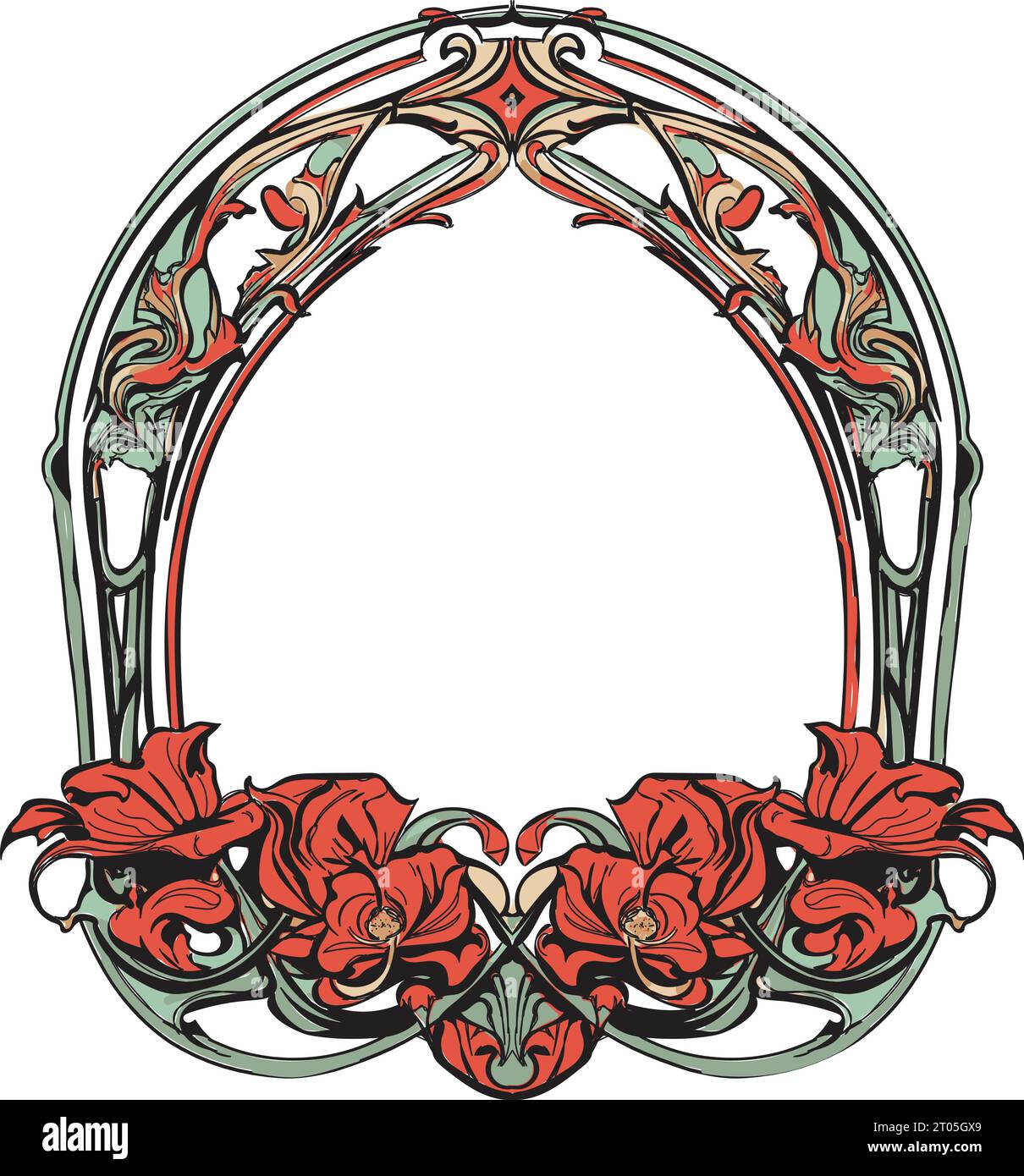 Cadre de bordure florale de style art déco avec arche et fond avec fleurs rouges entrelacées Illustration de Vecteur