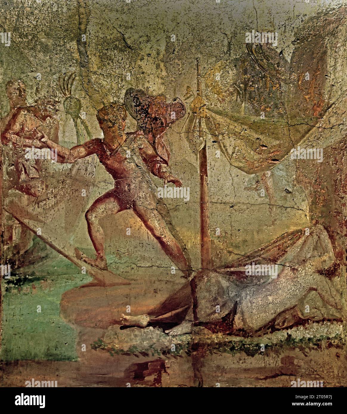 Fresque romaine représentant Thésée abandonnant Ariane. 35-45 AD Pompéi Roman City est situé près de Naples dans la région Campanie en Italie. Pompéi a été enterré sous 4-6 m de cendres volcaniques et de ponce lors de l'éruption du Vésuve en 79. Italie Banque D'Images