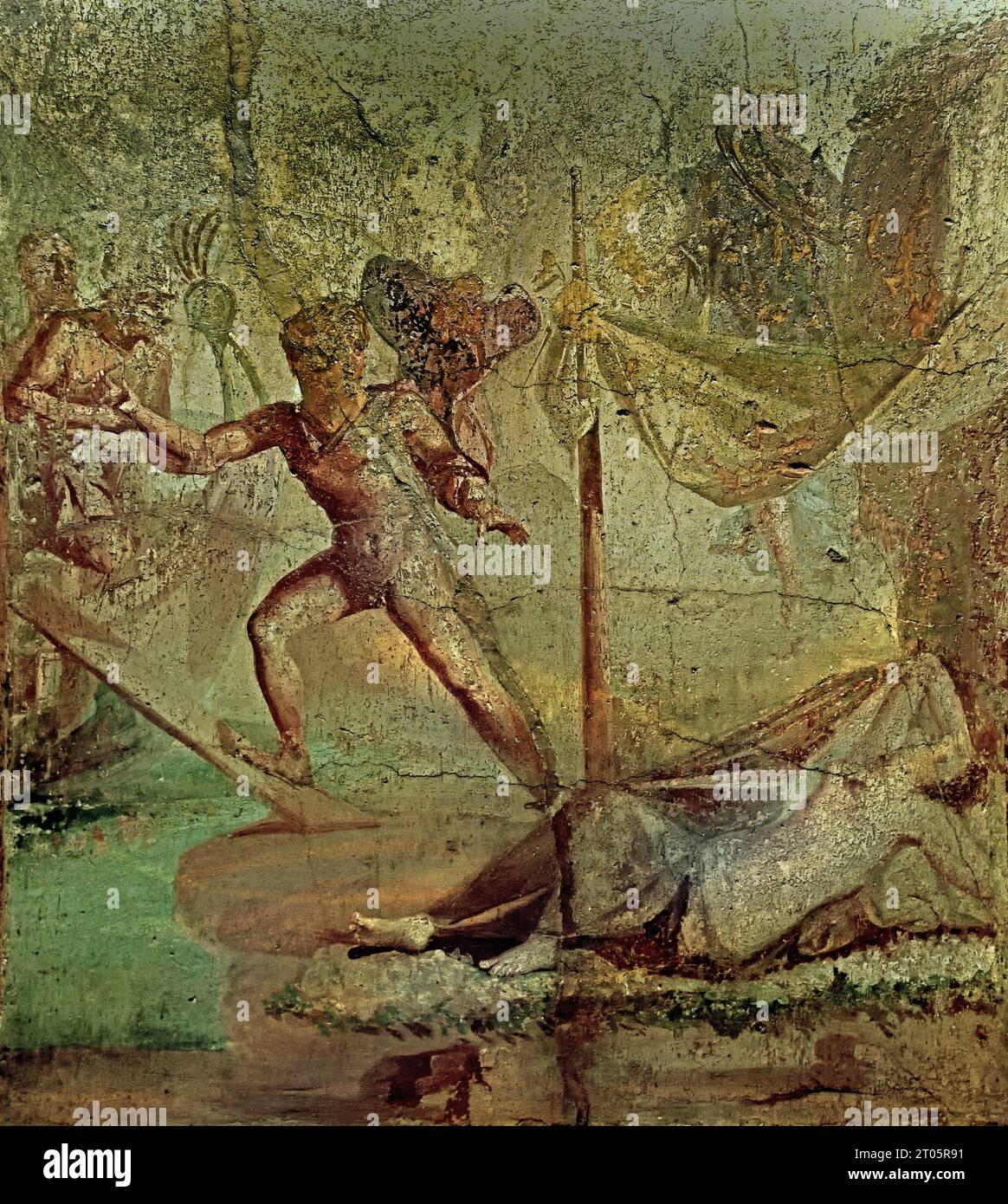 Fresque romaine représentant Thésée abandonnant Ariane. 35-45 AD Pompéi Roman City est situé près de Naples dans la région Campanie en Italie. Pompéi a été enterré sous 4-6 m de cendres volcaniques et de ponce lors de l'éruption du Vésuve en 79. Italie Banque D'Images