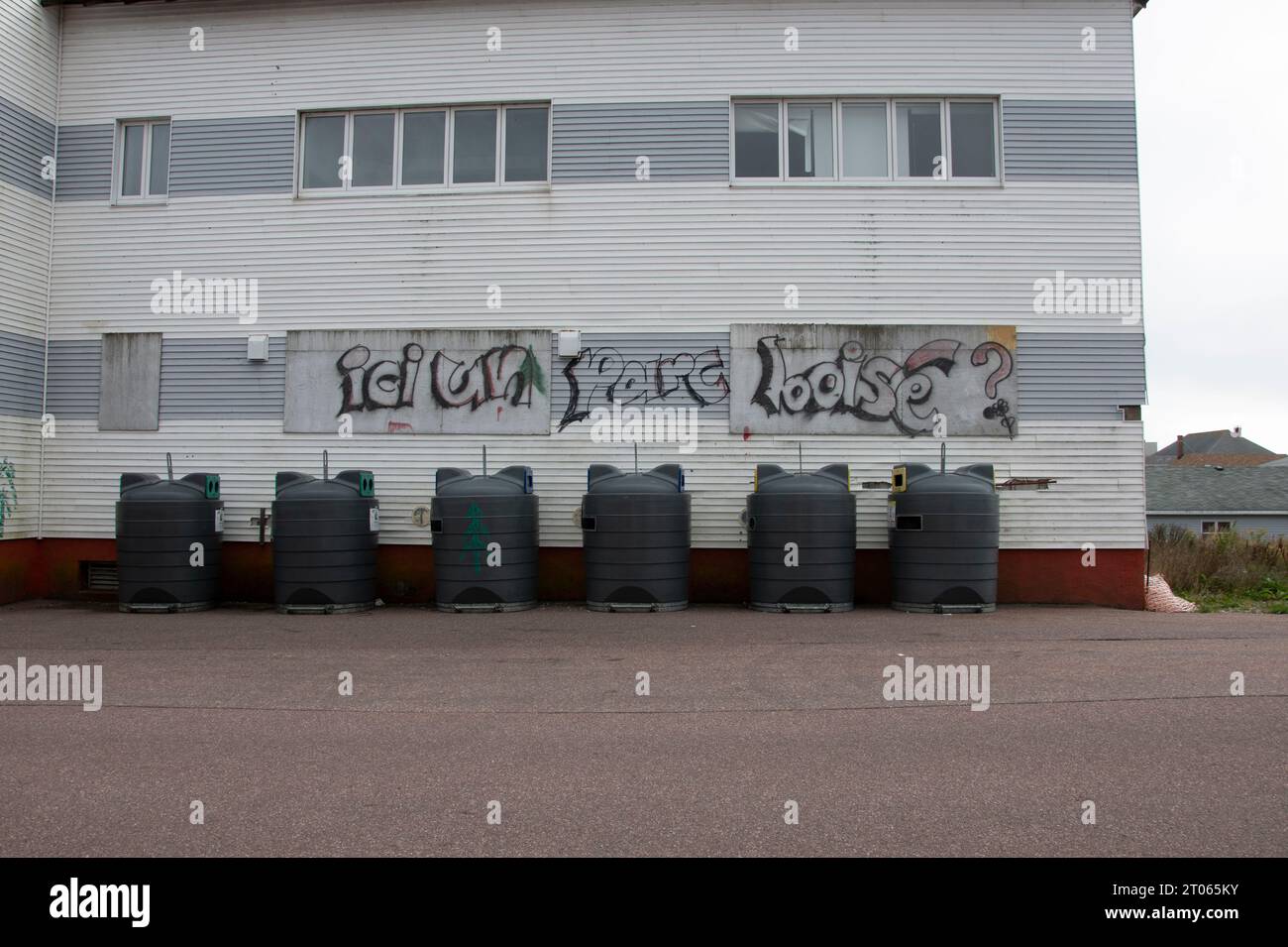 Bacs de recyclage en face d'un immeuble d'appartements à St. Pierre, France Banque D'Images