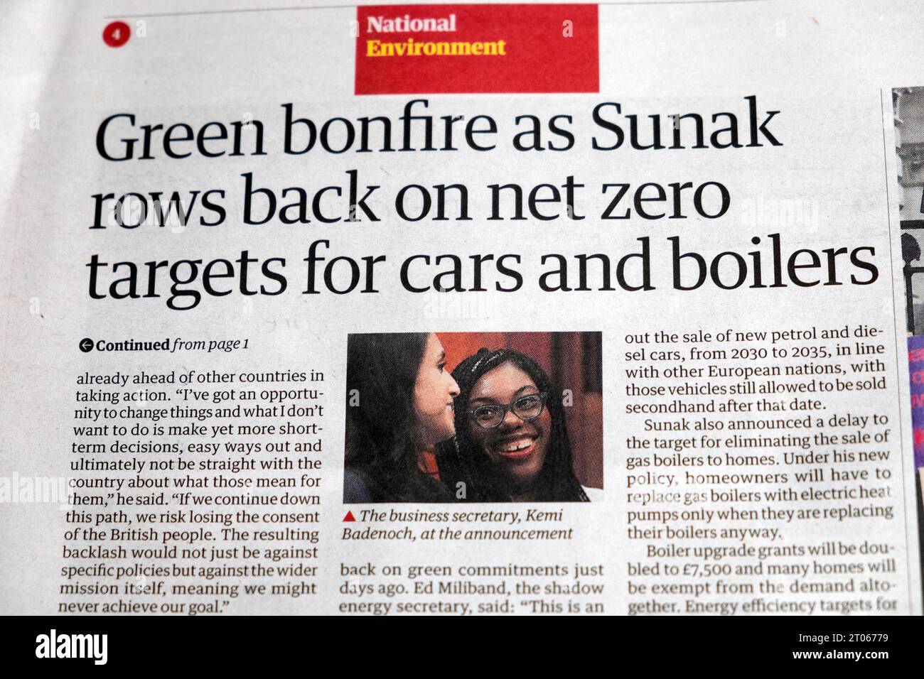 "Feu vert comme Sunak raie sur les objectifs nets zéro pour les voitures et les chaudières" Rishi Sunak Energy article 21 septembre 2023 Londres Royaume-Uni Banque D'Images