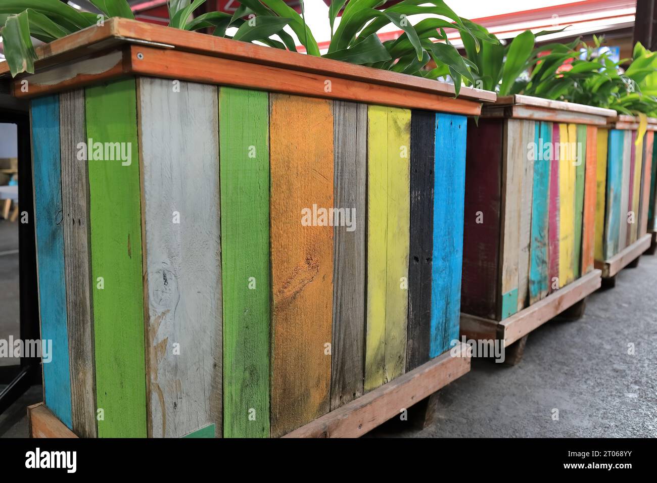 976 boîtes de jardinière multicolores faites de palettes en bois aux dimensions standard australiennes dans le Queen Victoria Market. Melbourne-VIC. Banque D'Images