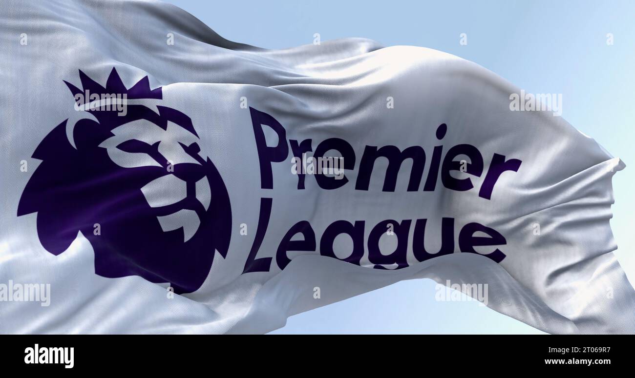 Londres, Royaume-Uni, avril 2023 : drapeau de la Premier League agitant dans le vent. La Premier League est le plus haut niveau du système de ligue de football anglais. Illustration ed Banque D'Images