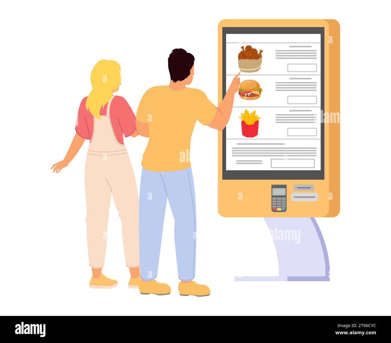 Couple heureux utilisant le kiosque alimentaire en libre-service Illustration de Vecteur