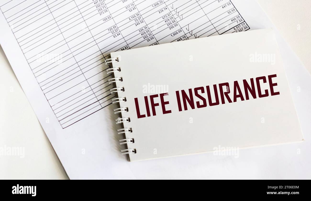 Bloc-notes blanc avec le texte ASSURANCE VIE et documents avec des numéros sur fond blanc. Banque D'Images