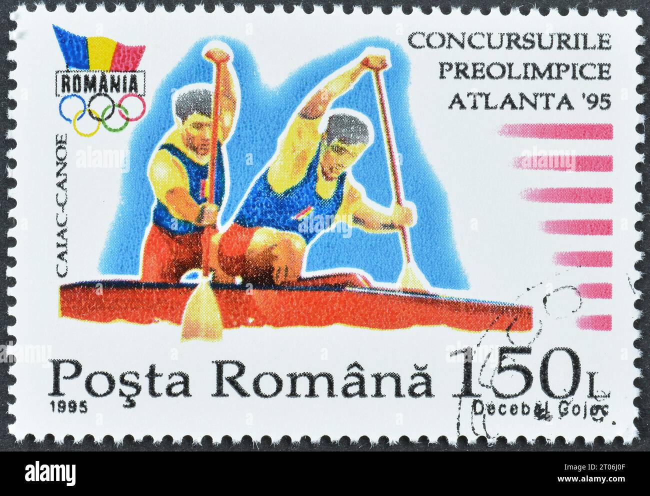 Timbre-poste annulé imprimé par la Roumanie, qui montre kayak, Jeux pré-olympiques, Atlanta 1995, vers 1995. Banque D'Images