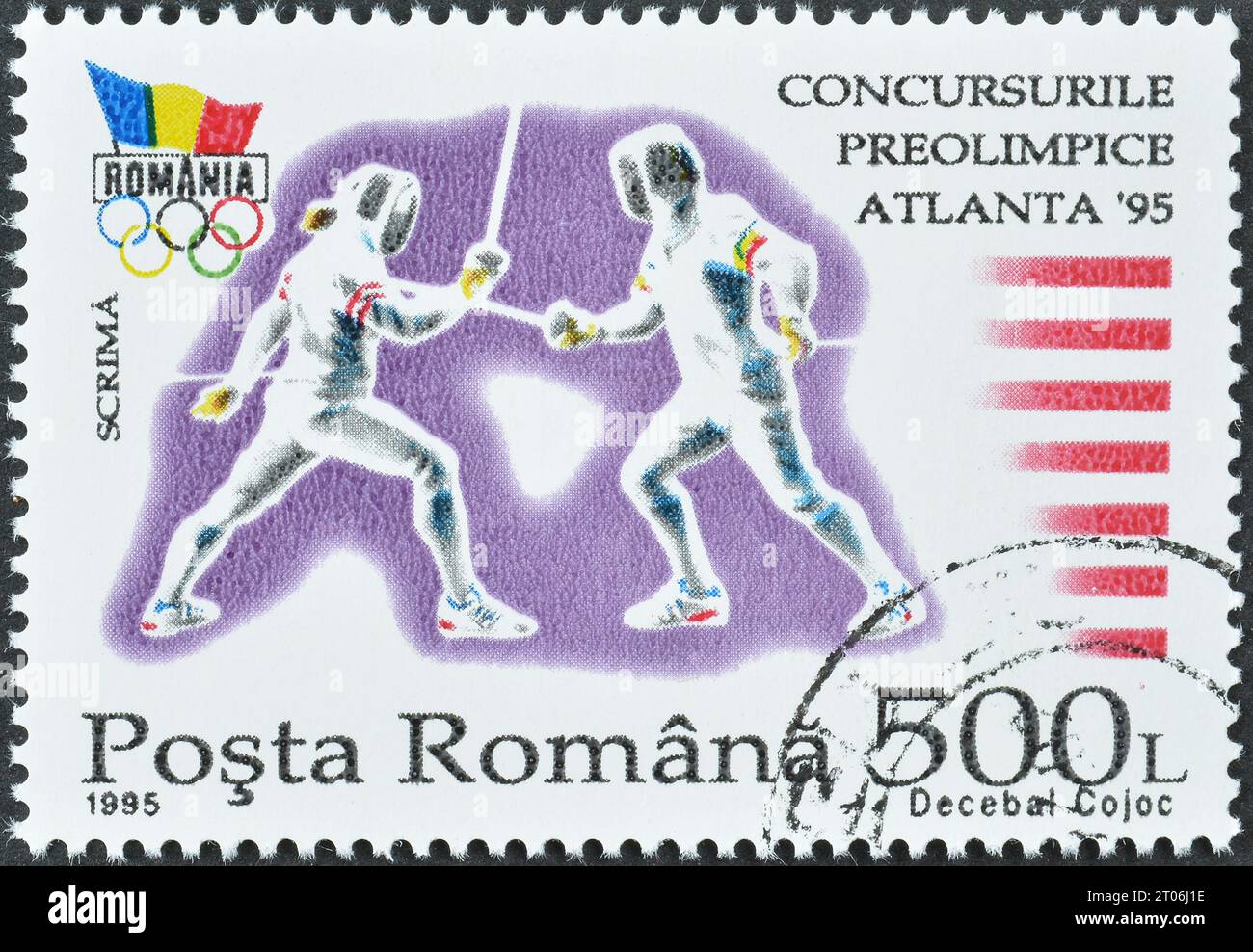 Timbre-poste annulé imprimé par la Roumanie, qui montre escrime, Jeux pré-olympiques, Atlanta 1995, vers 1995. Banque D'Images