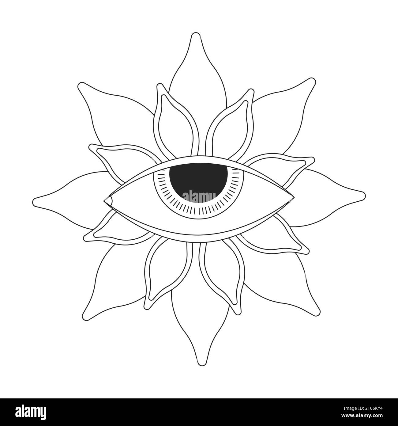 Objet de dessin animé de ligne 2D de fleur de globe oculaire ésotérique noir et blanc Illustration de Vecteur