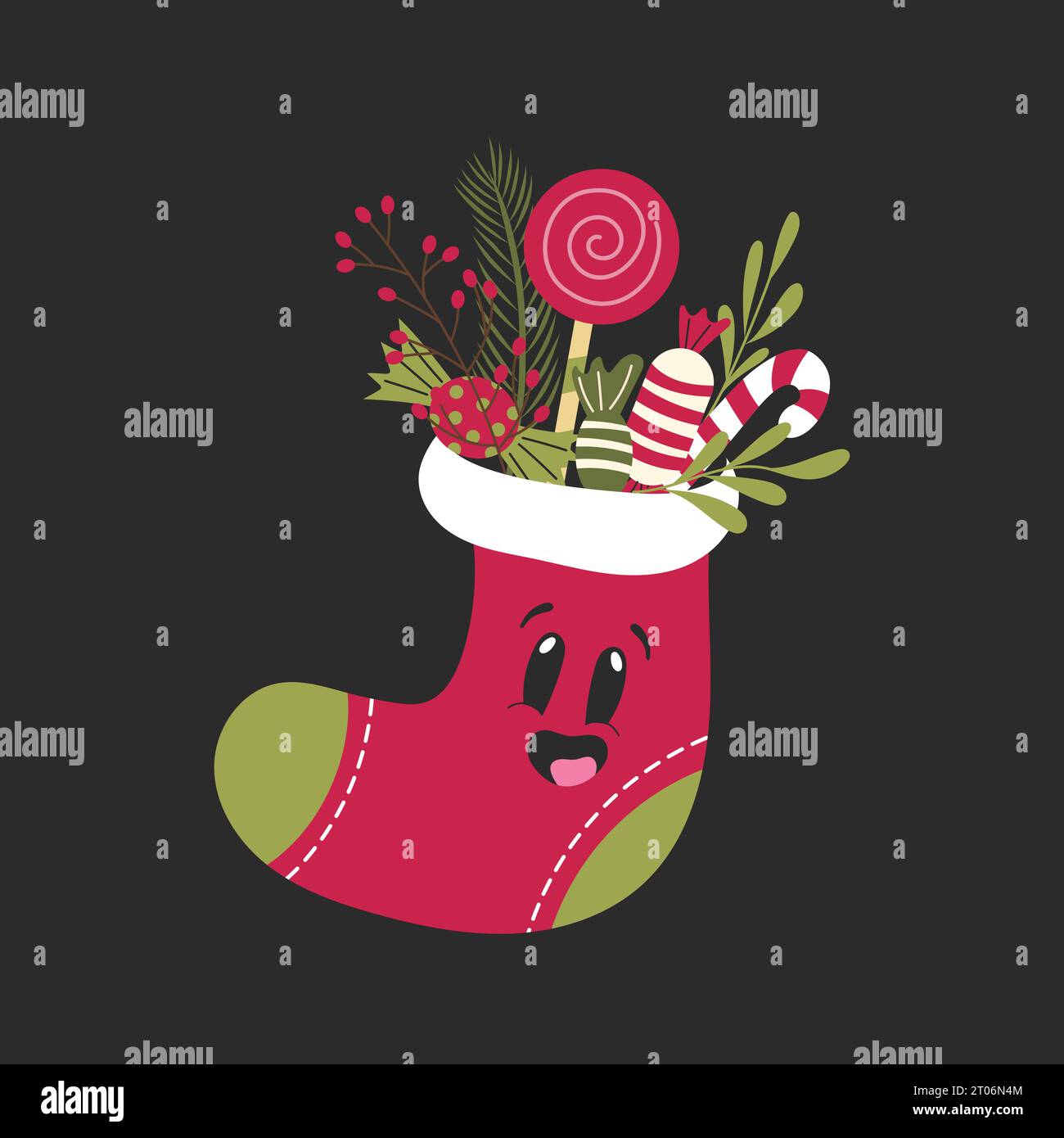 Bas de Noël joyeux et surpris rempli de bonbons. Illustration vectorielle de mascotte dessinée à la main. Illustration de Vecteur