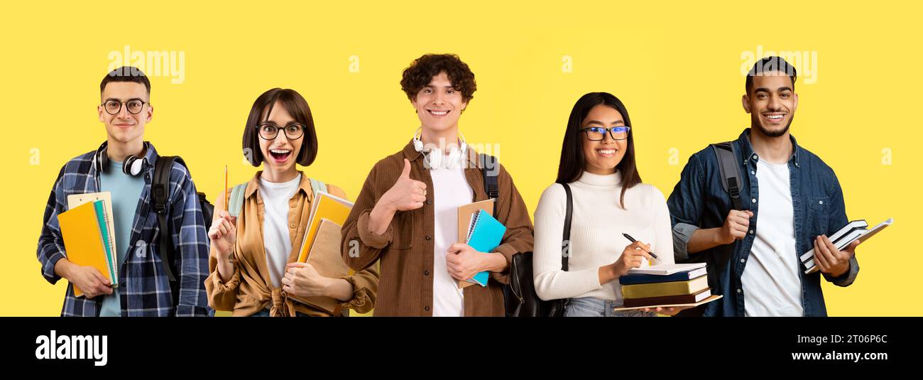 Image composite avec divers étudiants multiethniques heureux posant isolé sur fond jaune Banque D'Images