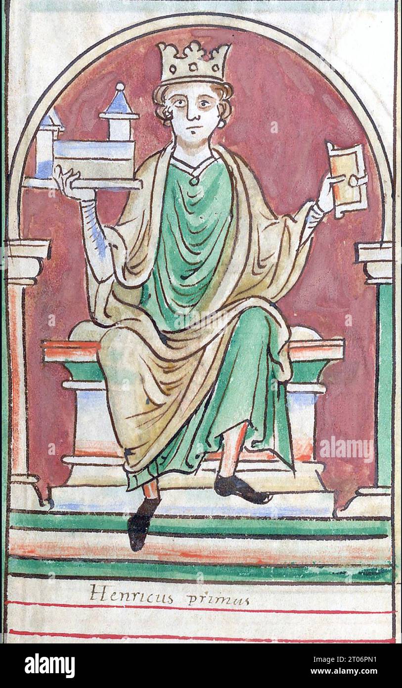 HENRI Ier D'ANGLETERRE (c 1068-1135) quatrième fils de Guillaume le Conquérant de l'Historia Anglorum de Matthieu Parris vers 1253. Il tient une maquette de l'abbaye de Reading, dans le Berkshire, où il a été enterré. Banque D'Images