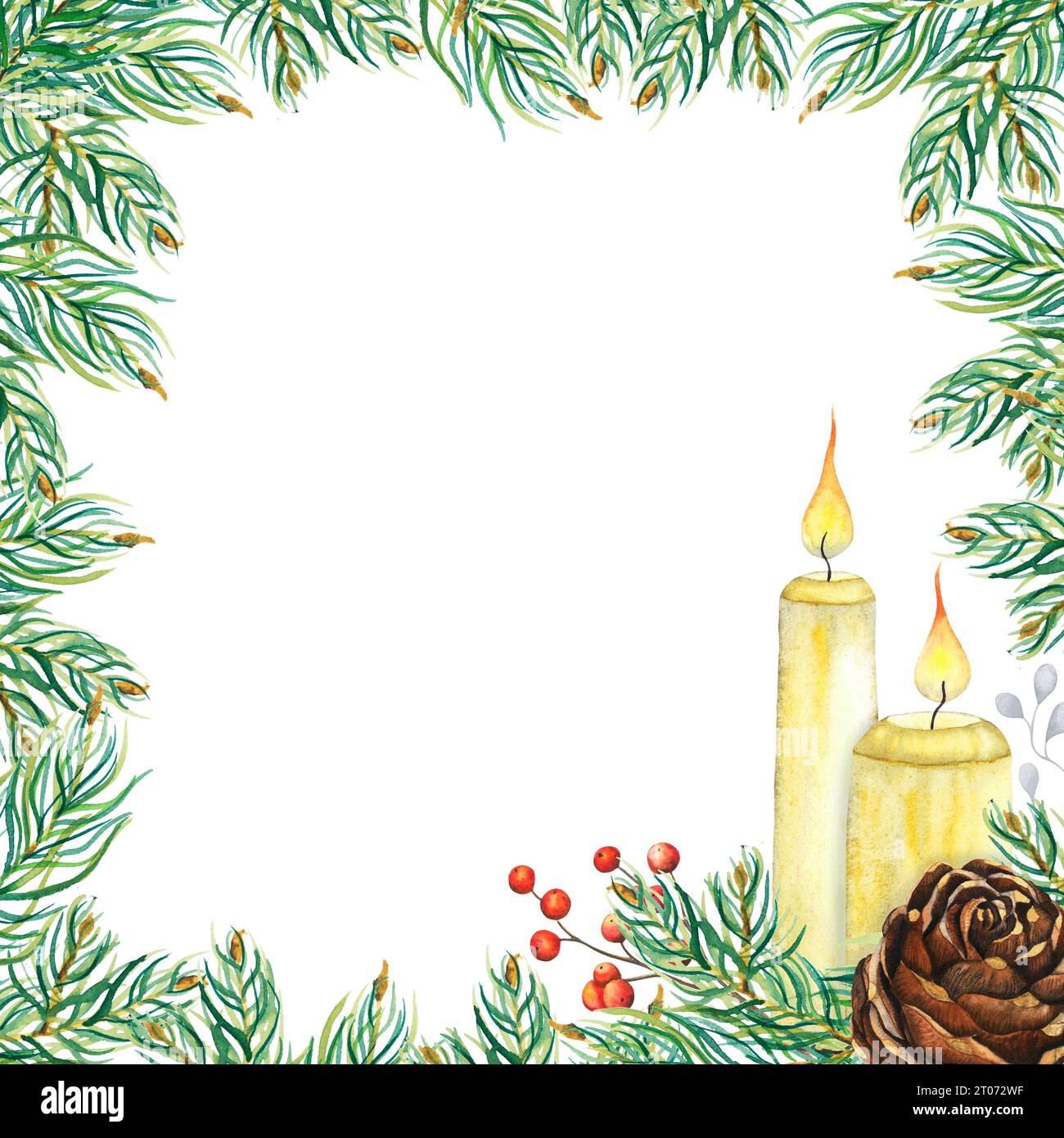 Cadre carré de sapin aquarelle avec composition de bougies blanches avec feu, pomme de pin, branches de sapin, baies rouges. Illustration dessinée à la main, confortable Banque D'Images