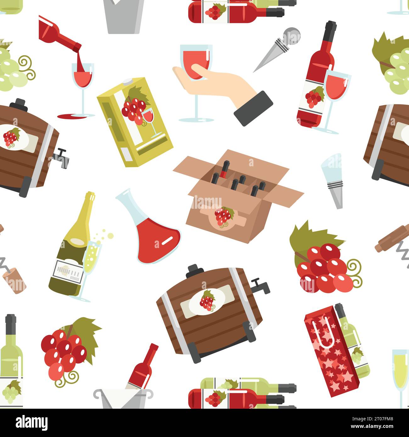 Vin en bouteilles fûts et verres avec accessoires couleur sans couture motif illustration vectorielle Illustration de Vecteur