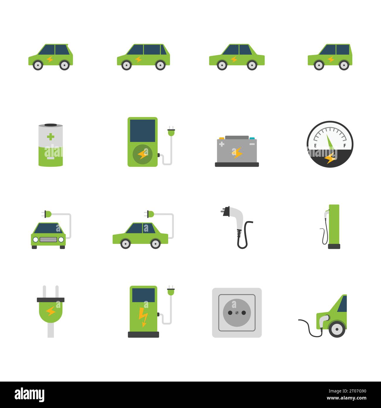Station de charge de bus de voiture électrique et prise vert plat couleur icône ensemble isolé illustration vectorielle Illustration de Vecteur