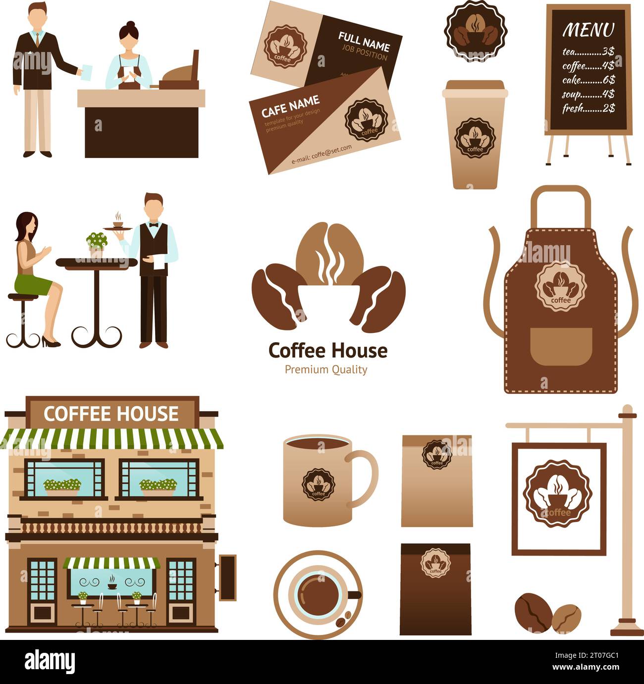 Icônes de café et de café avec une table de tasse waiter illustration vectorielle isolée Illustration de Vecteur