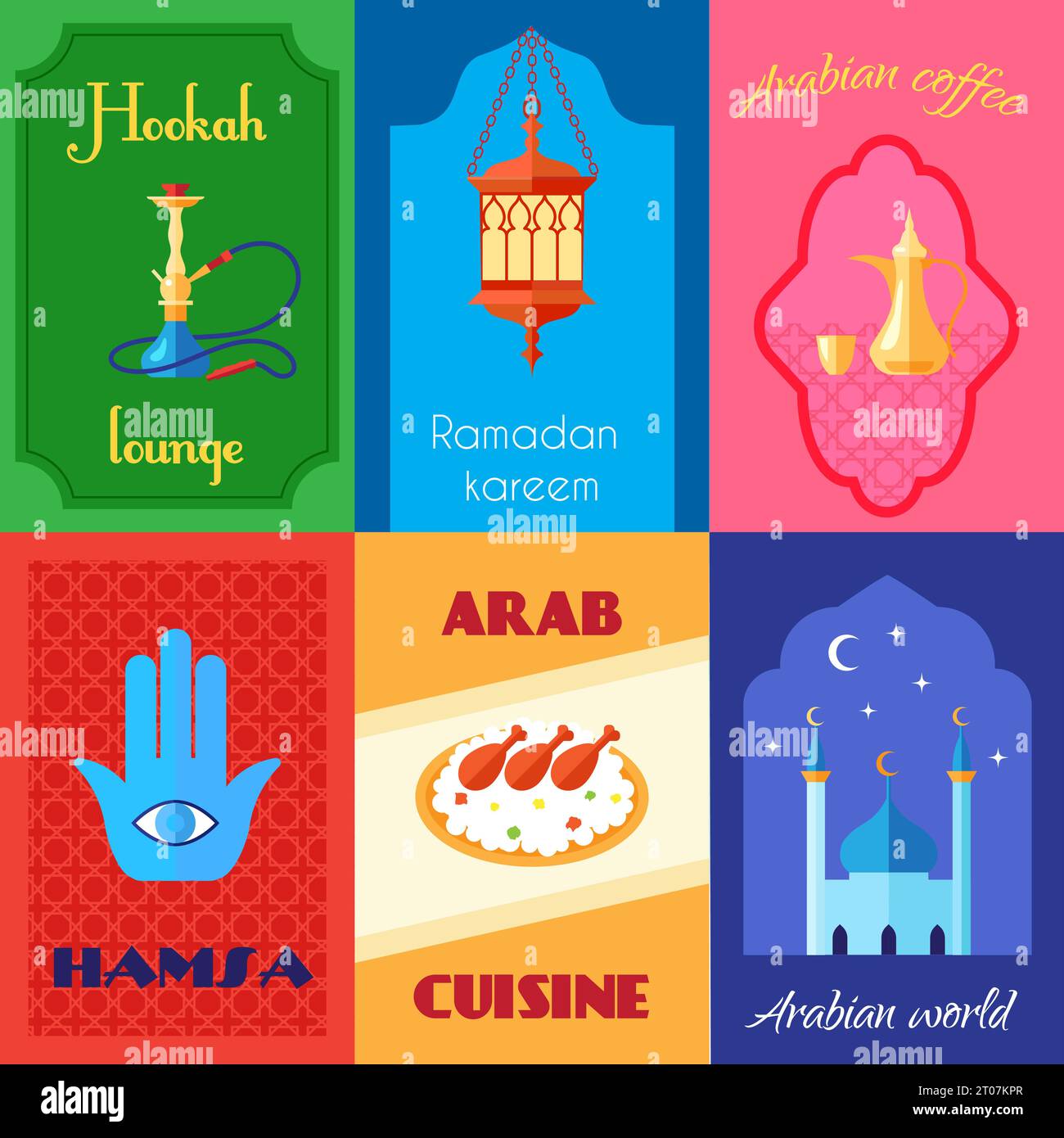 Culture arabe mini affiche humide avec le café du narguilé hamsa cuisine illustration vectorielle isolée Illustration de Vecteur