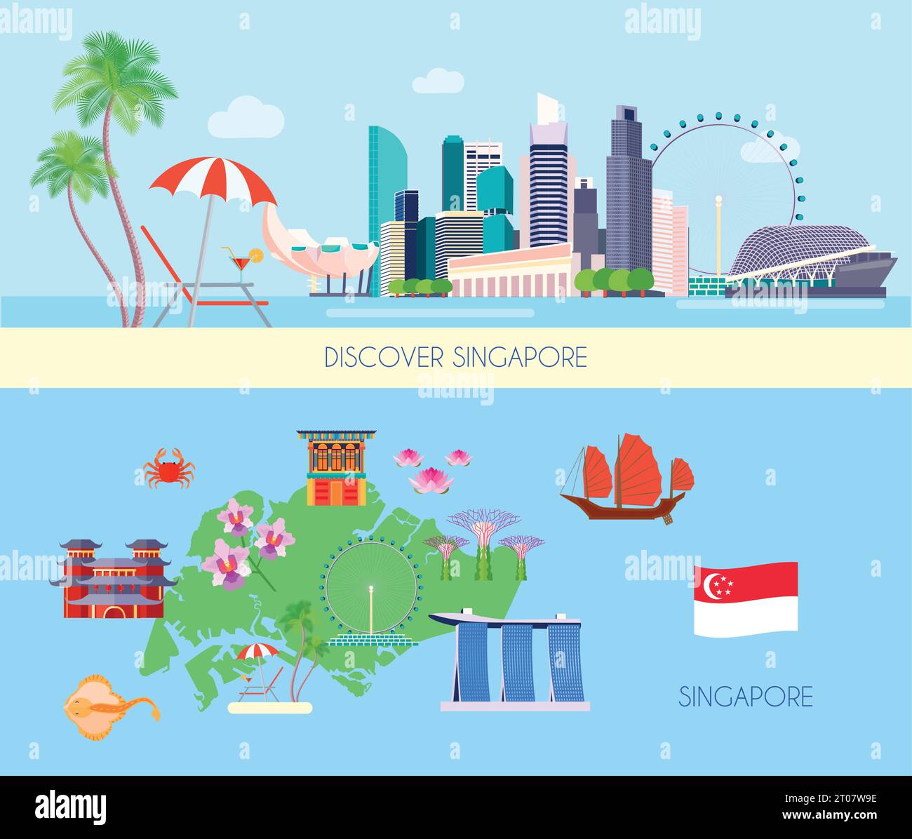Deux banderoles horizontales colorées pour la culture de Singapour avec illustration vectorielle des titres DISCOVER Singapour et Singapour Illustration de Vecteur