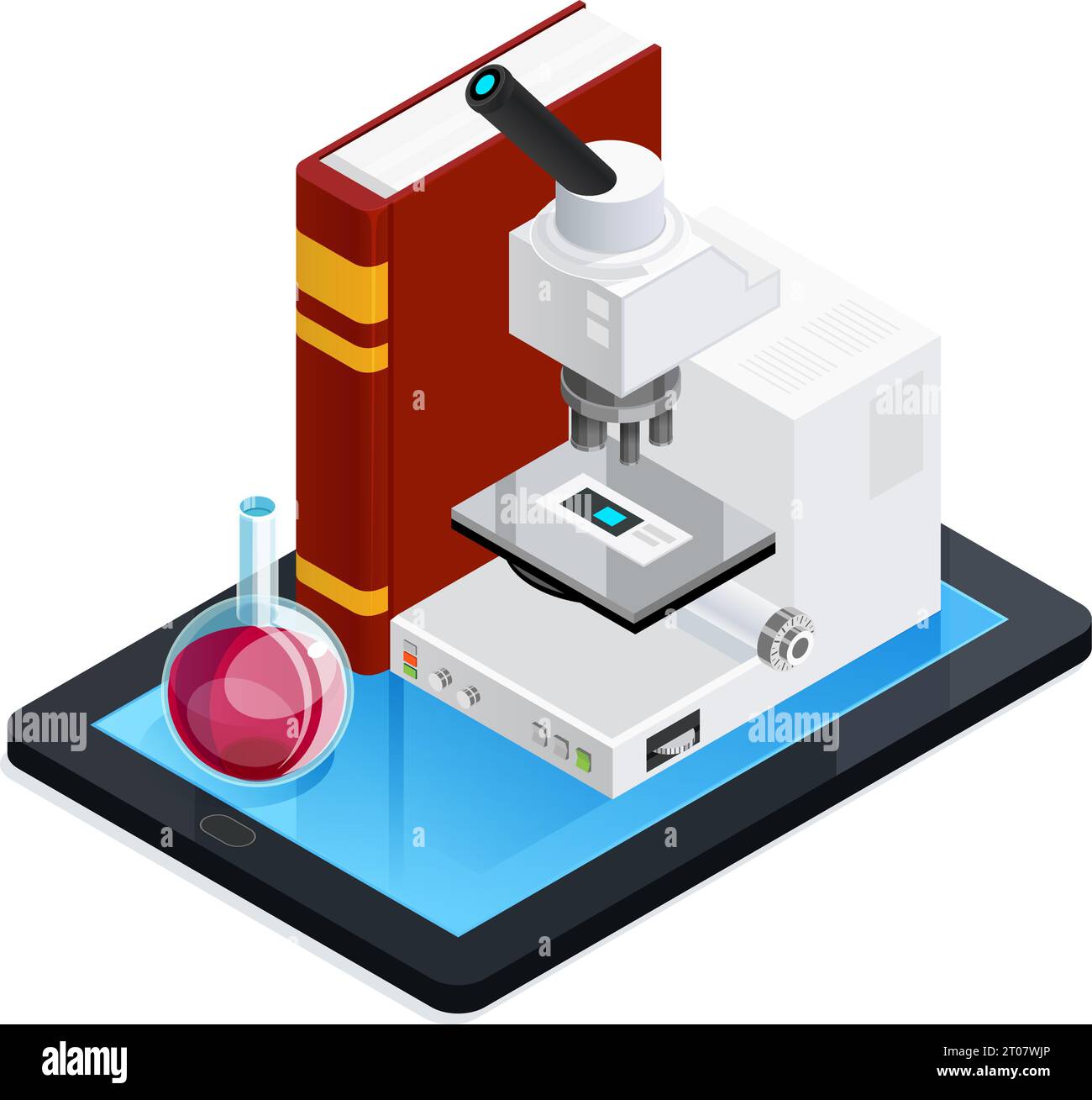 Composition isométrique en ligne avec microscope à livre et flacon sur appareil mobile sur fond blanc Illustration de Vecteur