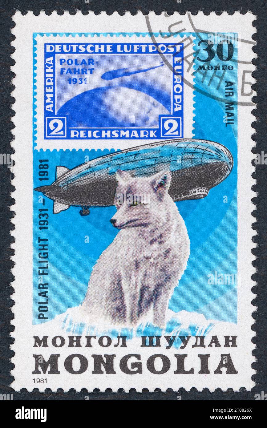 50e anniversaire du vol polaire 1931. Timbre-poste émis en Mongolie en 1981. Banque D'Images