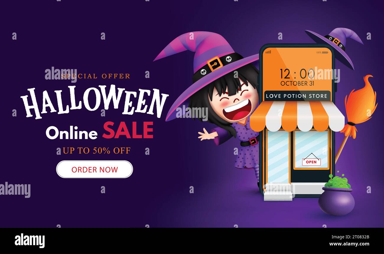 Bannière vectorielle de texte de vente en ligne Halloween. Offre spéciale de réduction d'achat d'Halloween avec application de téléphone mobile et personnage mignon de fille de sorcière pour la promotion Illustration de Vecteur