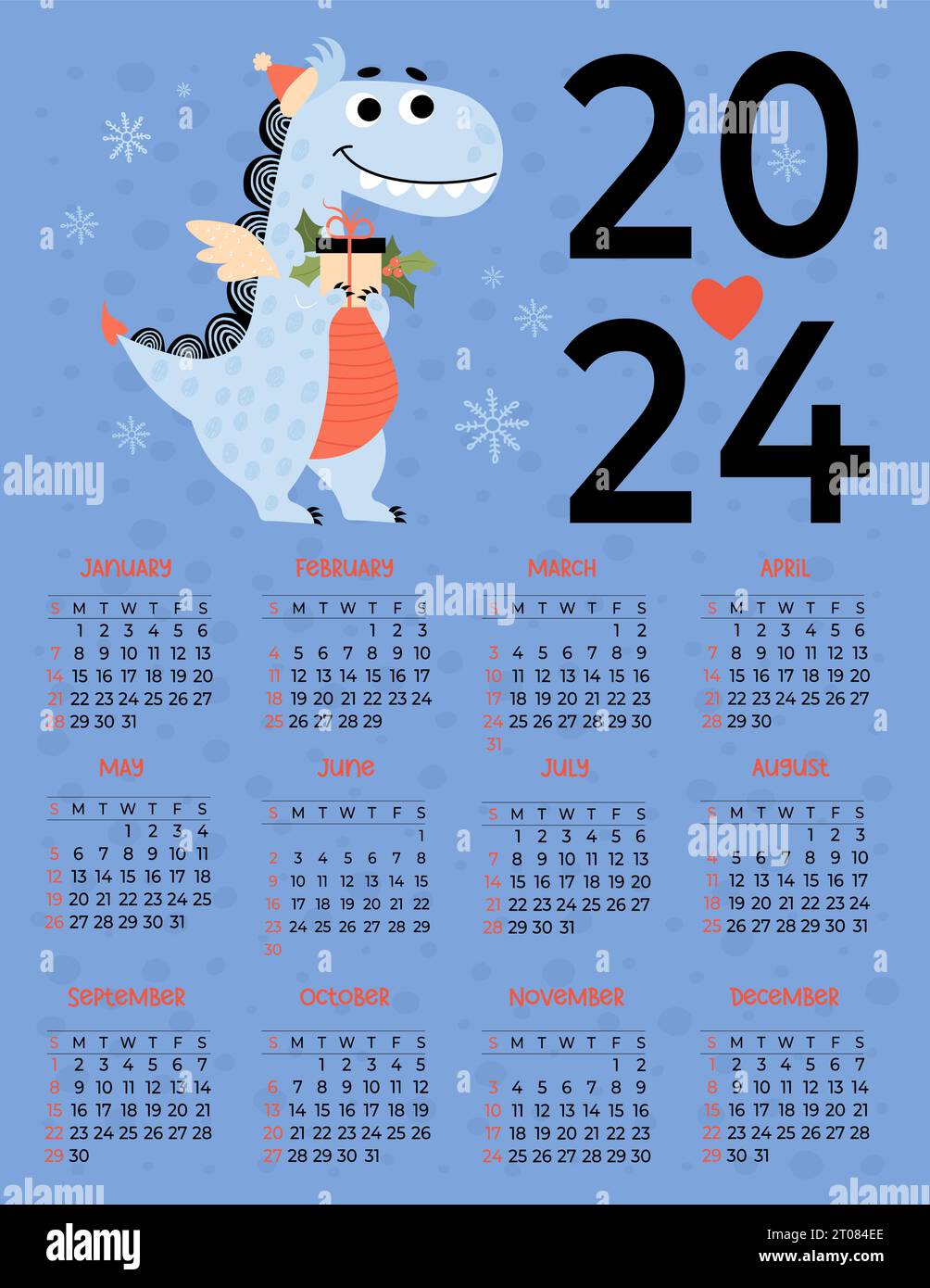 calendrier annuel 2024. Dragon bleu de Noël avec houx cadeau. Modèle