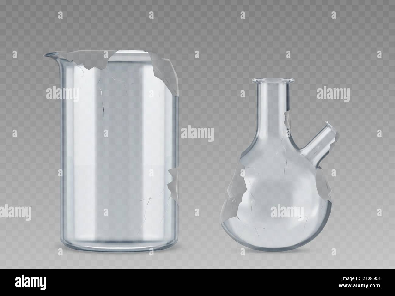 Ensemble de verrerie de laboratoire cassé isolé sur fond transparent. Vector illustration réaliste de bécher de laboratoire endommagé et flacon avec verre fissuré, conteneurs 3D endommagés pour substance chimique Illustration de Vecteur