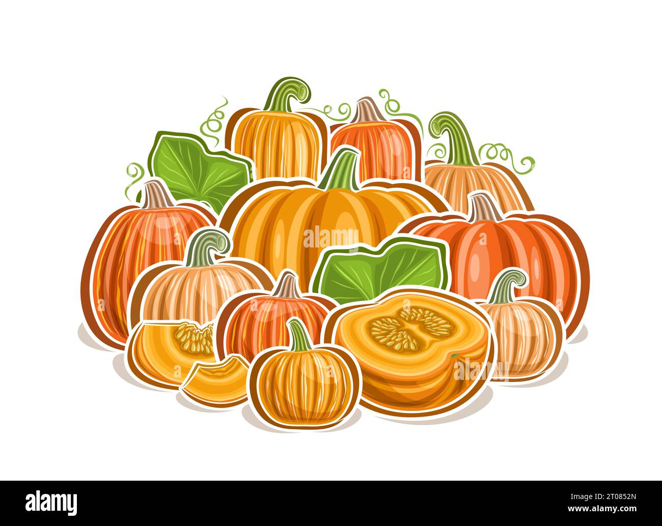 Logo vectoriel pour Pumpkins, affiche horizontale décorative avec dessin animé composition végétarienne de citrouille jaune, impression végétalienne avec divers entiers et c Illustration de Vecteur