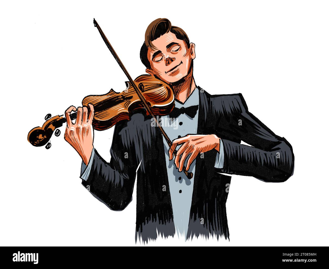 Musicien classique jouant de la violine. Encre dessinée à la main sur papier et couleur à la main sur tablette Banque D'Images