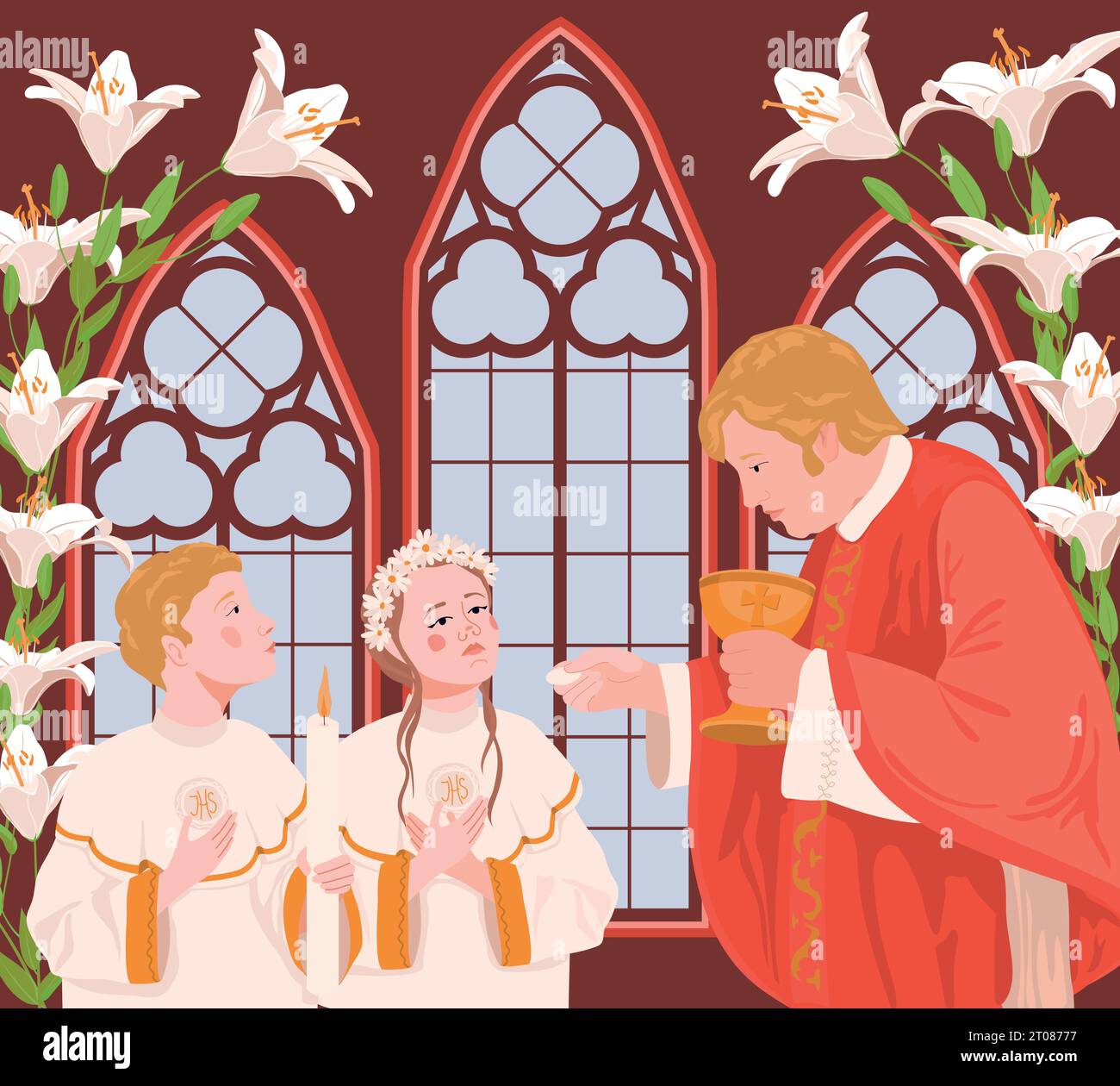 Enfants dans l'église pendant la première communion. Le prêtre tient du pain. Illustration vectorielle. Une cérémonie dans la tradition chrétienne, un membre o Illustration de Vecteur