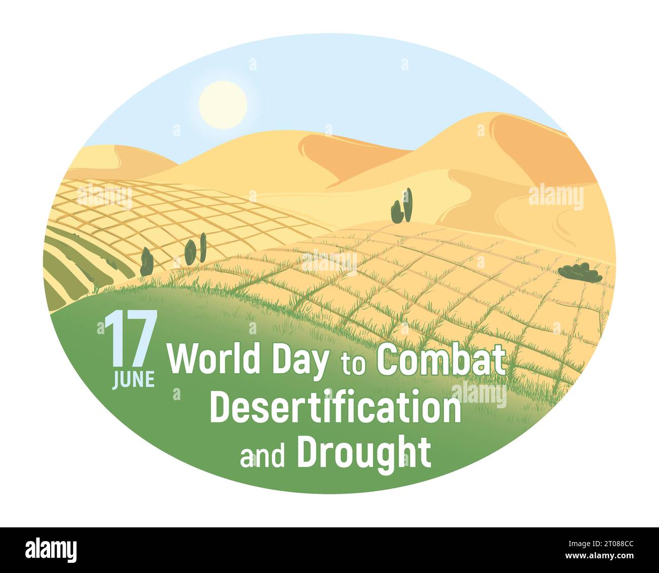 17 juin - Journée mondiale de la lutte contre la désertification et la sécheresse. Le concept de transformer le désert en terres fertiles et en pâturages. Illustration vectorielle. Illustration de Vecteur