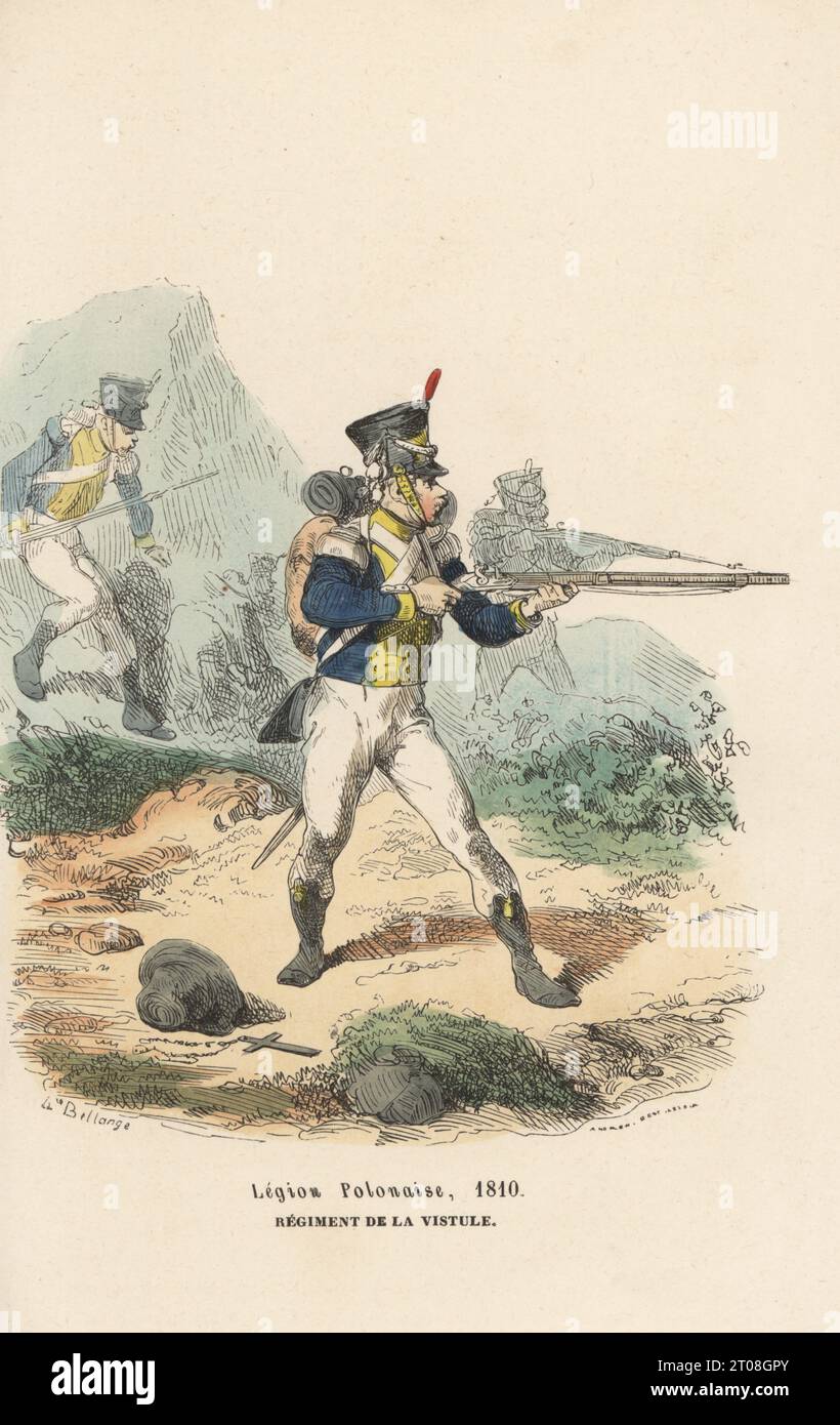 Infanterie de la Légion de la Vistule avançant au combat, régiment polonais dans l'armée de Napoléon de 1807 à 1814. En shako, manteau bleu avec col jaune, armé de mousquet et épée. Régiment de la Vistule, Légion polonaise, 1810. Gravure sur bois coloriée par Andrew Best Leloir d’après une illustration d’Hippolyte Bellangé tirée de P.M. Laurent de l’Ardèche, Histoire de Napoléon, Paris, 1840. Banque D'Images