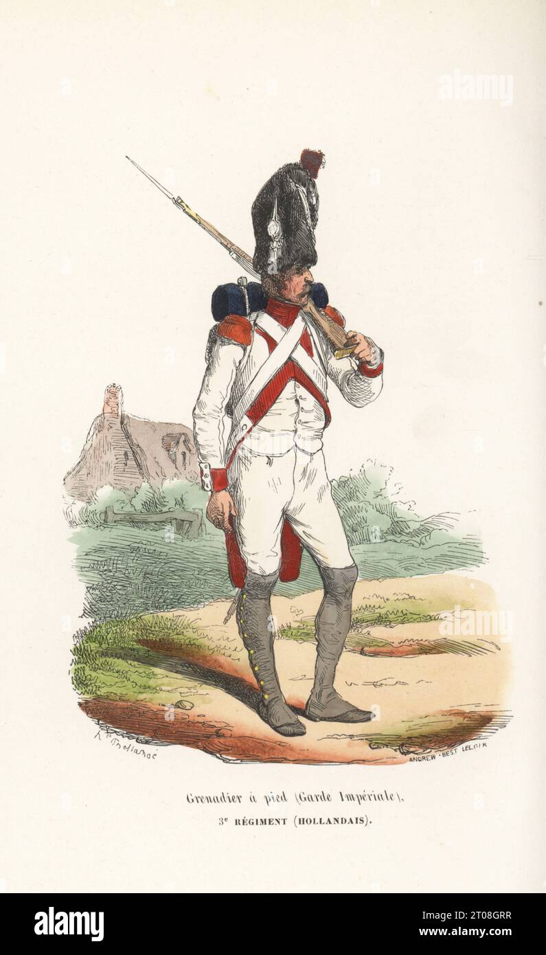 Uniforme des Grenadiers hollandais, 3e Régiment, Garde Impériale française, 1806-1812. En peau d'ours, uniforme blanc avec manchettes et col cramoisi, guêtres, armés de mousquet. Oblitéré à la bataille de Krasnoi, 1812. Grenadier a pied (Garde Imperiale), 3e régiment (Hollandais). Gravure sur bois coloriée par Andrew Best Leloir d’après une illustration d’Hippolyte Bellangé tirée de P.M. Laurent de l’Ardèche, Histoire de Napoléon, Paris, 1840. Banque D'Images