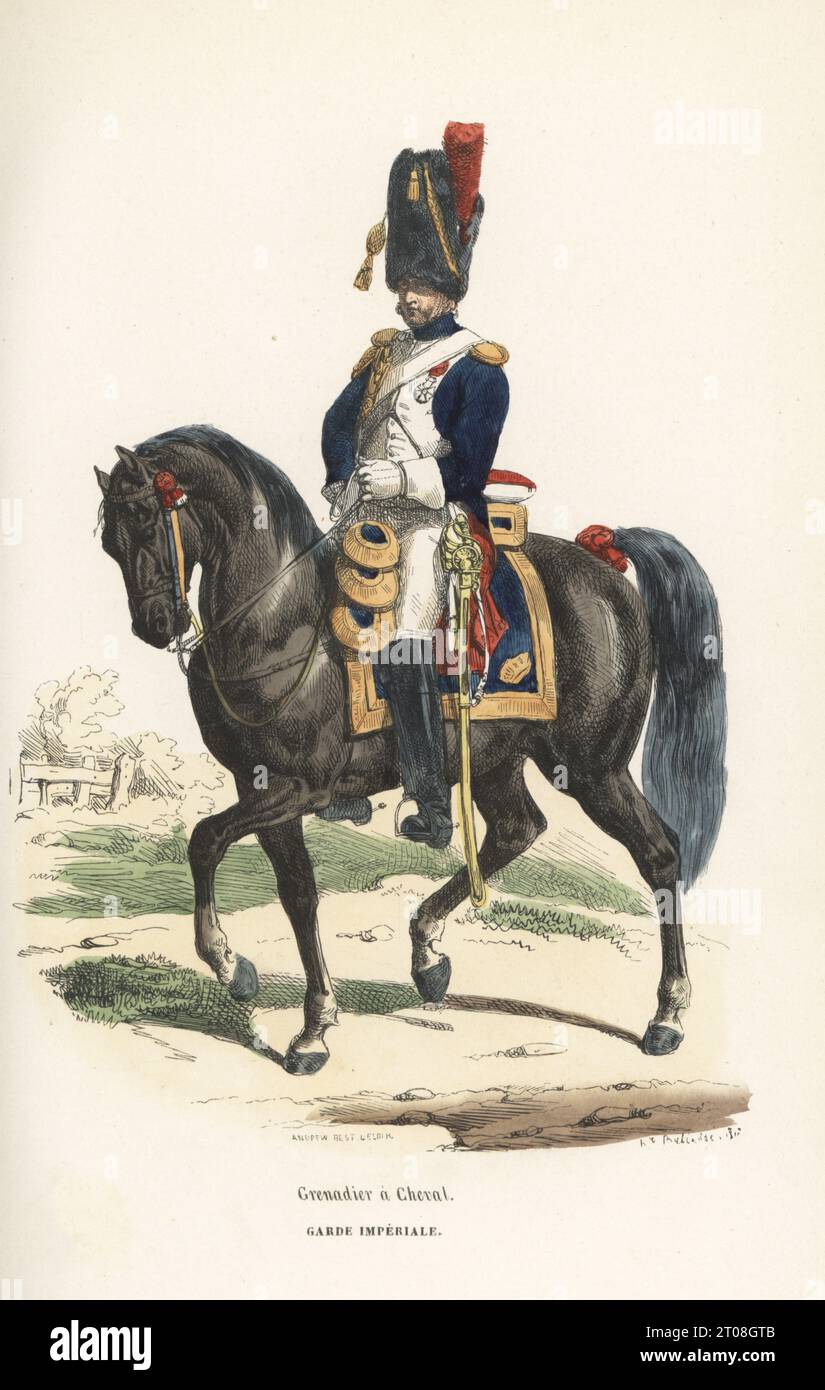 Uniforme d'un grenadier monté de la Garde impériale, 1804-1815. En peau d'ours avec panache, manteau bleu avec épaulettes et aiguillettes dorées, culottes et bottes, armé d'une épée droite. Grenadier a Cheval, Garde Imperiale. Gravure sur bois coloriée par Andrew Best Leloir d’après une illustration d’Hippolyte Bellangé tirée de P.M. Laurent de l’Ardèche, Histoire de Napoléon, Paris, 1840. Banque D'Images