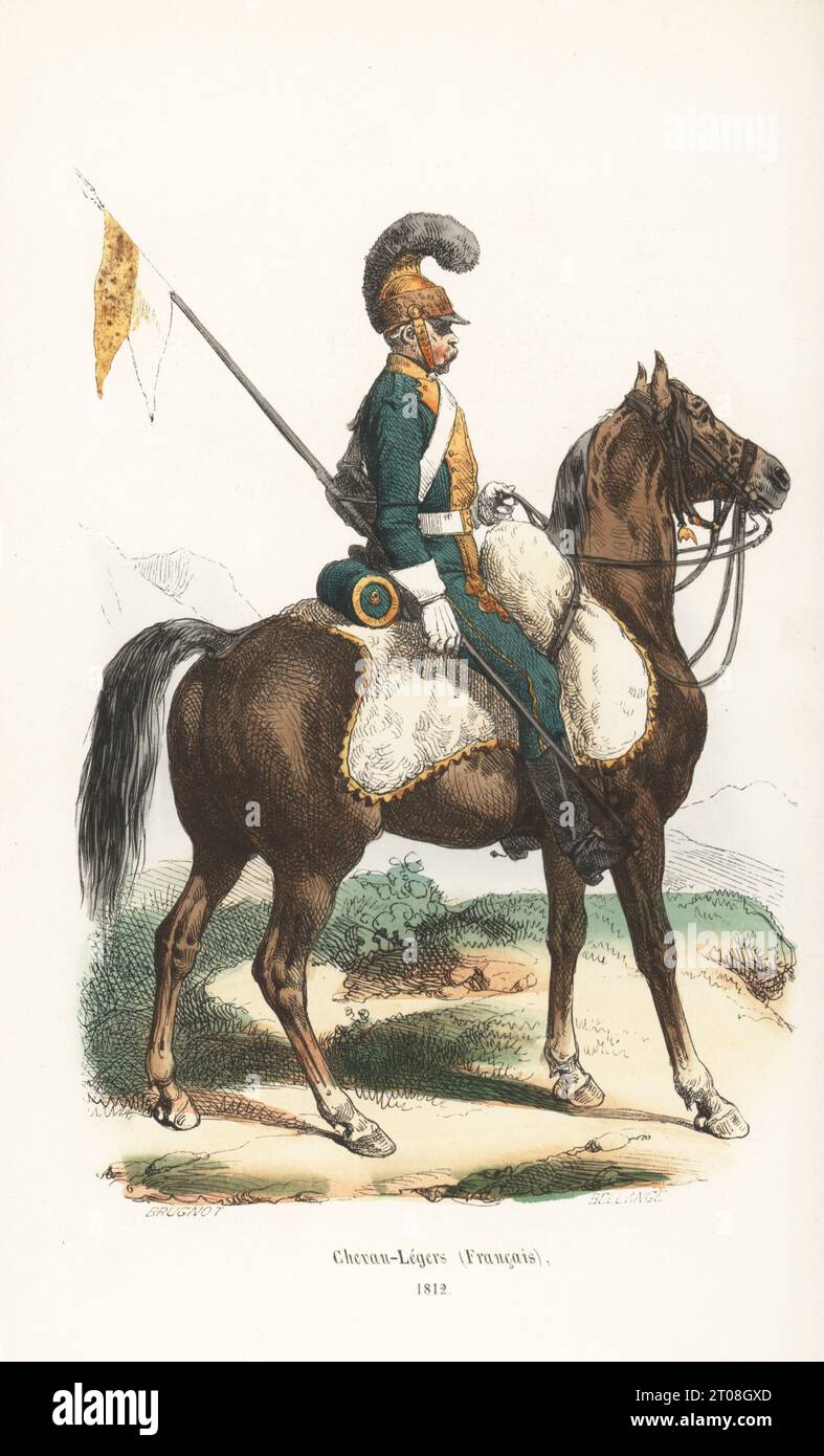 2e régiment de cavalerie légère (français), 1811-1815. En laiton casque avec écusson, uniforme vert avec garniture buff, armé de lance et sabre. Chevau-légers (Francais), 1812. Gravure sur bois colorée à la main par Brugnot d’après une illustration d’Hippolyte Bellangé de P.M. Laurent de l’Ardèche, Histoire de Napoléon, Paris, 1840. Banque D'Images