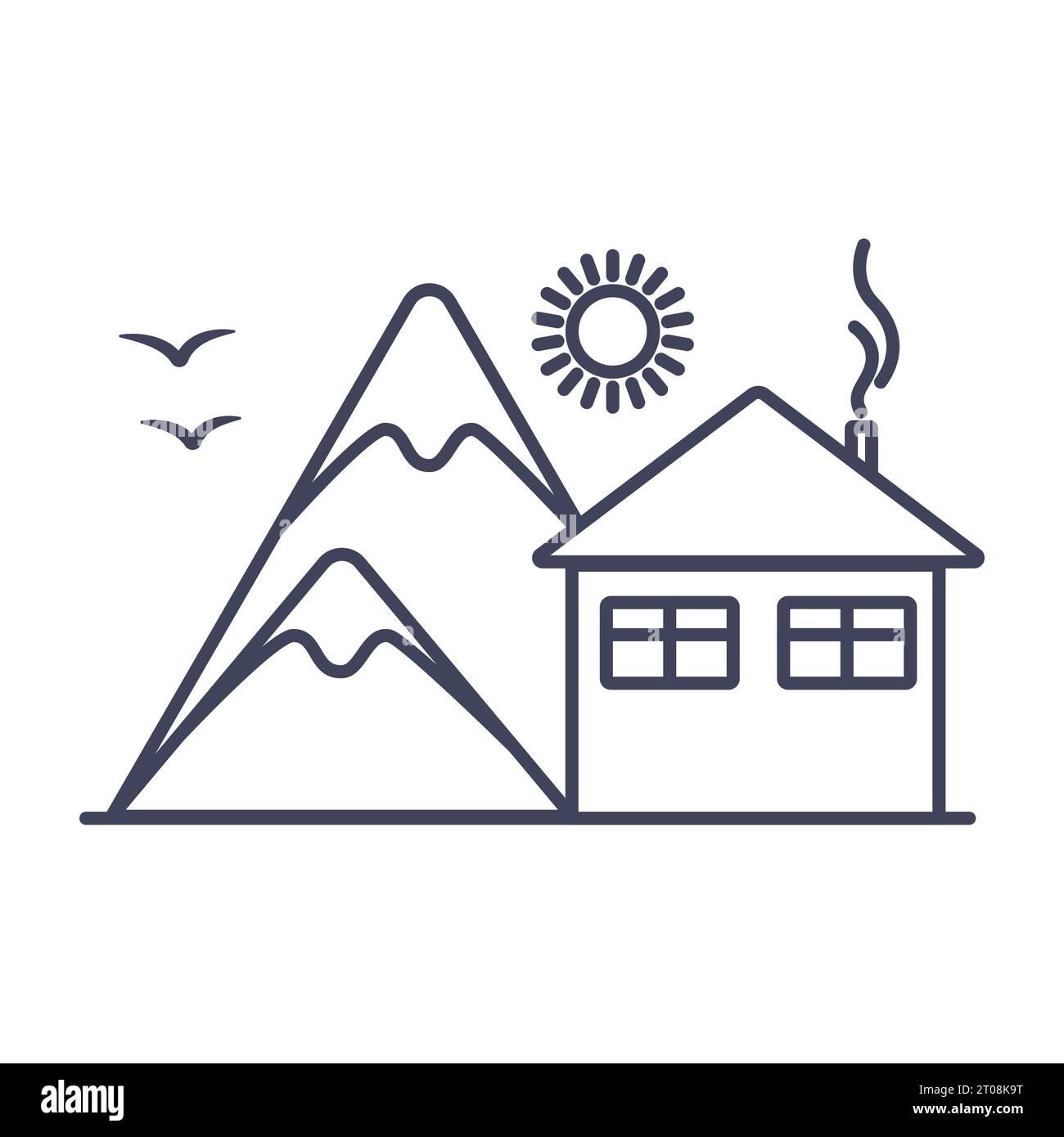 Cabine près de l'icône linéaire de la forêt. Cottage dans les montagnes, loisirs en plein air, illustration vectorielle Illustration de Vecteur